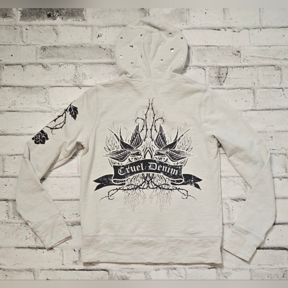 Cruel Denim Studded Hoodie Y2K Graphic Zip Up Cream Black Size Large